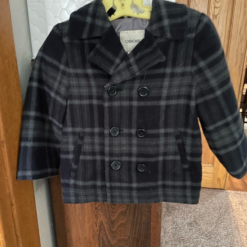 Cherokee Toddler Girls Plaid Pea Coat - Black and Gray (2T)